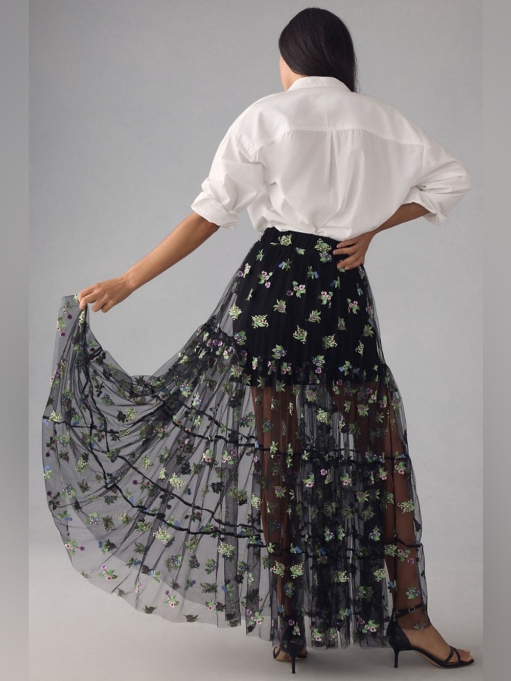 Maeve Anthropologie Sheer Embroidered Maxi Skirt Black Floral Tulle Size M - Picture 5 of 13